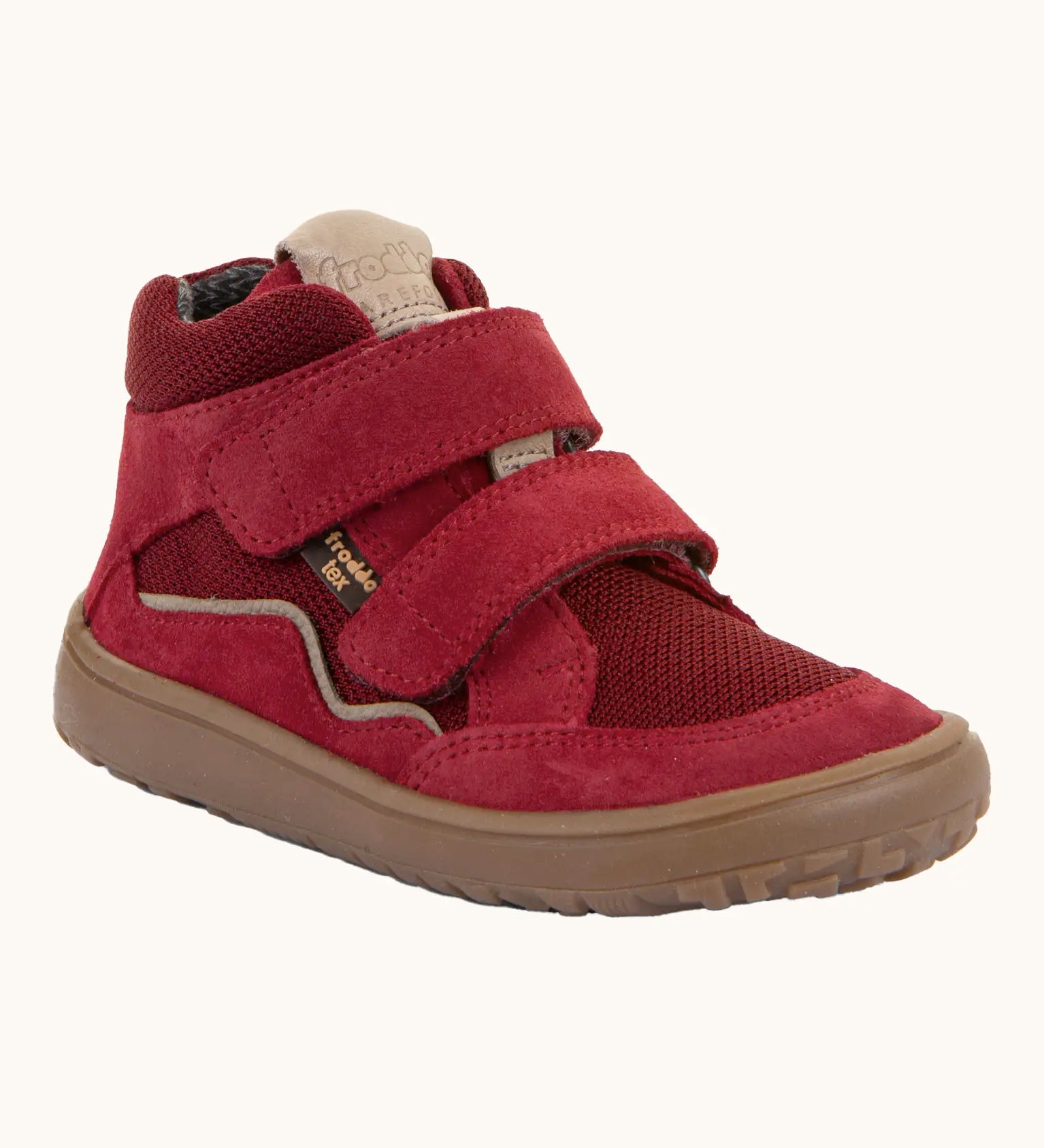 Red  Froddo barefoot kids TEX suede shoes with 2 velcro straps and a zero-drop grippy sole