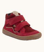 Red  Froddo barefoot kids TEX suede shoes with 2 velcro straps and a zero-drop grippy sole