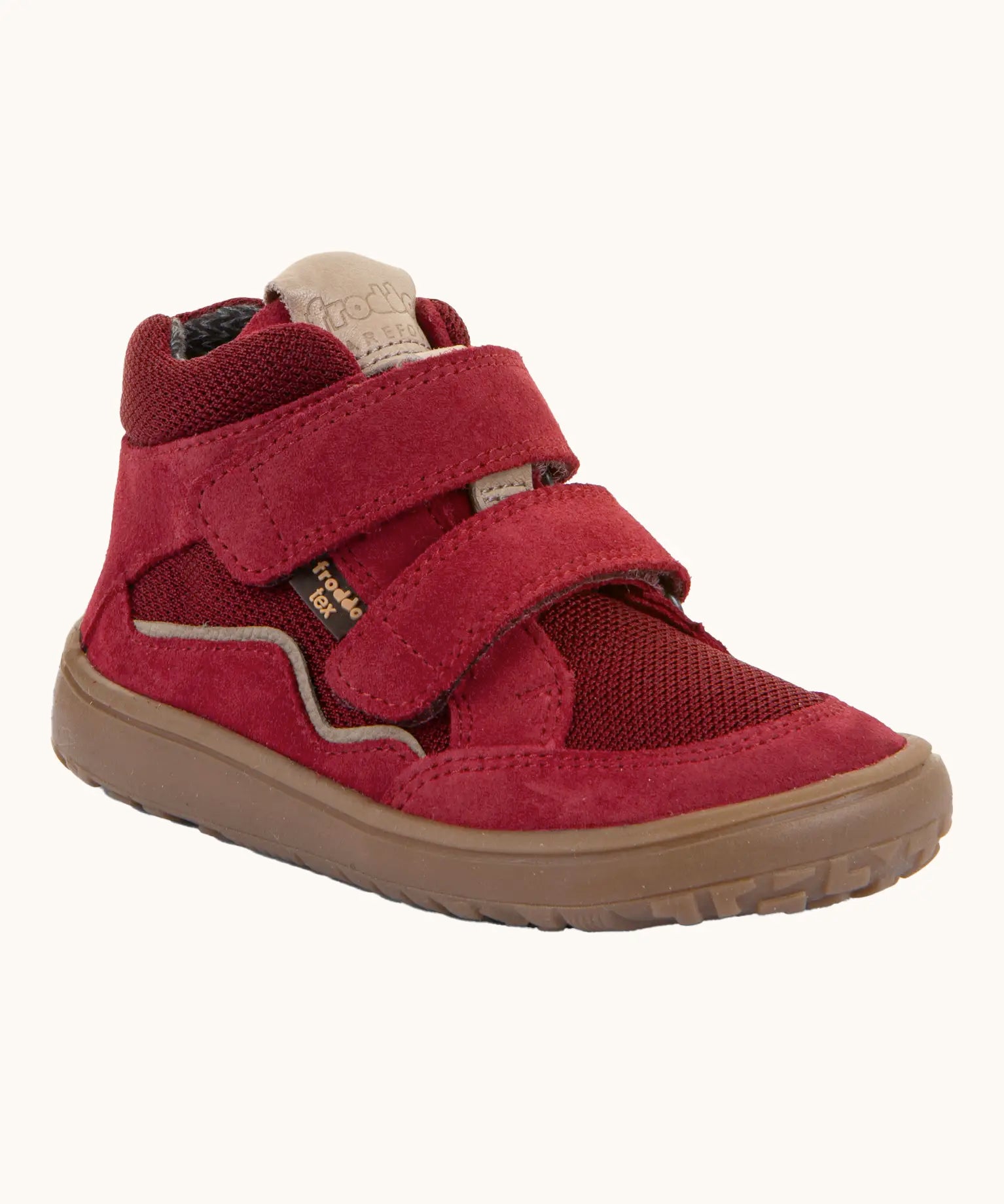 Red  Froddo barefoot kids TEX suede shoes with 2 velcro straps and a zero-drop grippy sole