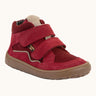 Red  Froddo barefoot kids TEX suede shoes with 2 velcro straps and a zero-drop grippy sole