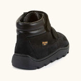 Back of Froddo barefoot Zuru tex kids shoe in black. A natural leather shoe with a padded ankle support
