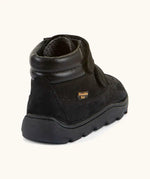 Back of Froddo barefoot Zuru tex kids shoe in black. A natural leather shoe with a padded ankle support