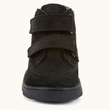 Front of Froddo barefoot Zuru tex kids shoe in black. A natural leather shoe with 2 velcro fasteners