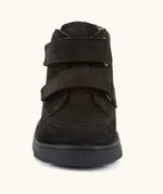 Front of Froddo barefoot Zuru tex kids shoe in black. A natural leather shoe with 2 velcro fasteners