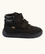 Side of Froddo barefoot Zuru tex kids shoe in black. A natural leather shoe with 2 velcro fastener and padded ankle support