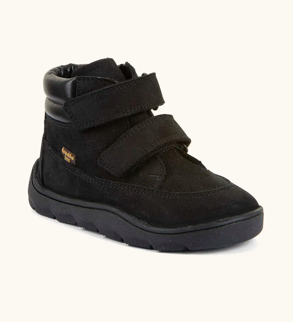 Froddo barefoot Zuru tex kids shoe in black. A natural leather shoe with 2 velcro fastener and padded ankle support
