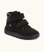 Froddo barefoot Zuru tex kids shoe in black. A natural leather shoe with 2 velcro fastener and padded ankle support