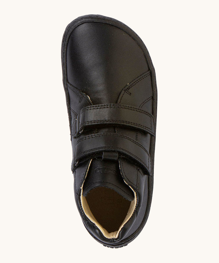 A top down view of the Froddo barefoot leather school boots in black available at Babipur. 