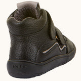Back of Froddo barefoot tex kids autumn natural leather ankle school boots in black showing padded ankle and textile inner lining