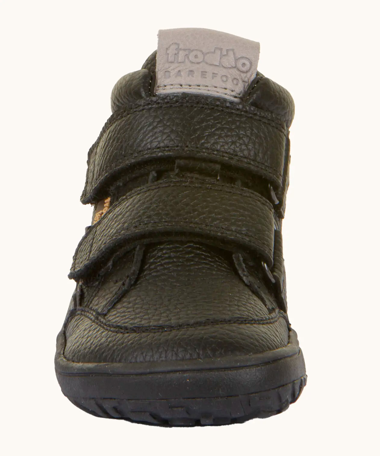 Front of Froddo barefoot tex kids autumn natural leather ankle school boots in black showing Velcro straps fully fastened 