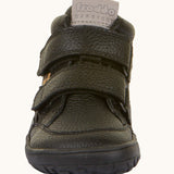 Front of Froddo barefoot tex kids autumn natural leather ankle school boots in black showing Velcro straps fully fastened 