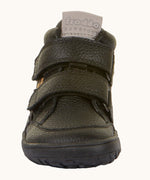 Front of Froddo barefoot tex kids autumn natural leather ankle school boots in black showing Velcro straps fully fastened 