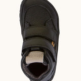 Top of Froddo barefoot tex kids autumn natural leather ankle school boots in black showing Velcro straps fully fastened 