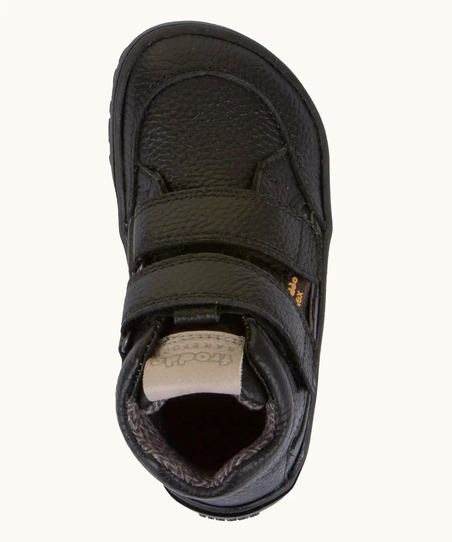 Top of Froddo barefoot tex kids autumn natural leather ankle school boots in black showing Velcro straps fully fastened 