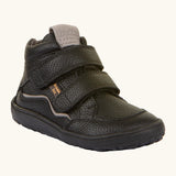 Froddo barefoot tex kids autumn natural leather ankle school boots in black with 2 Velcro straps, padded ankle and brown flexible rubber sole