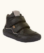 Froddo barefoot tex kids autumn natural leather ankle school boots in black with 2 Velcro straps, padded ankle and brown flexible rubber sole