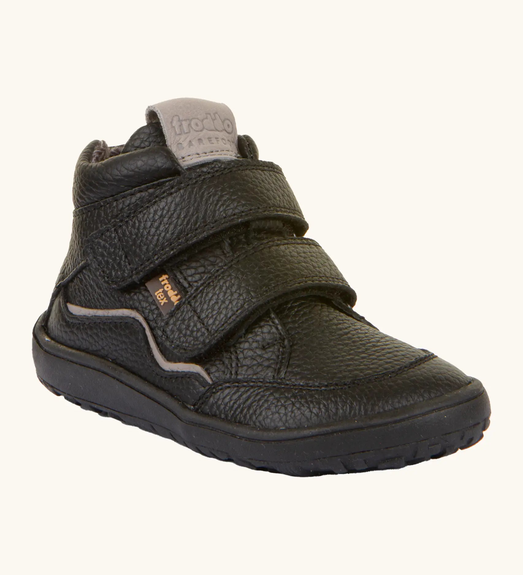 Froddo barefoot tex kids autumn natural leather ankle school boots in black with 2 Velcro straps, padded ankle and brown flexible rubber sole