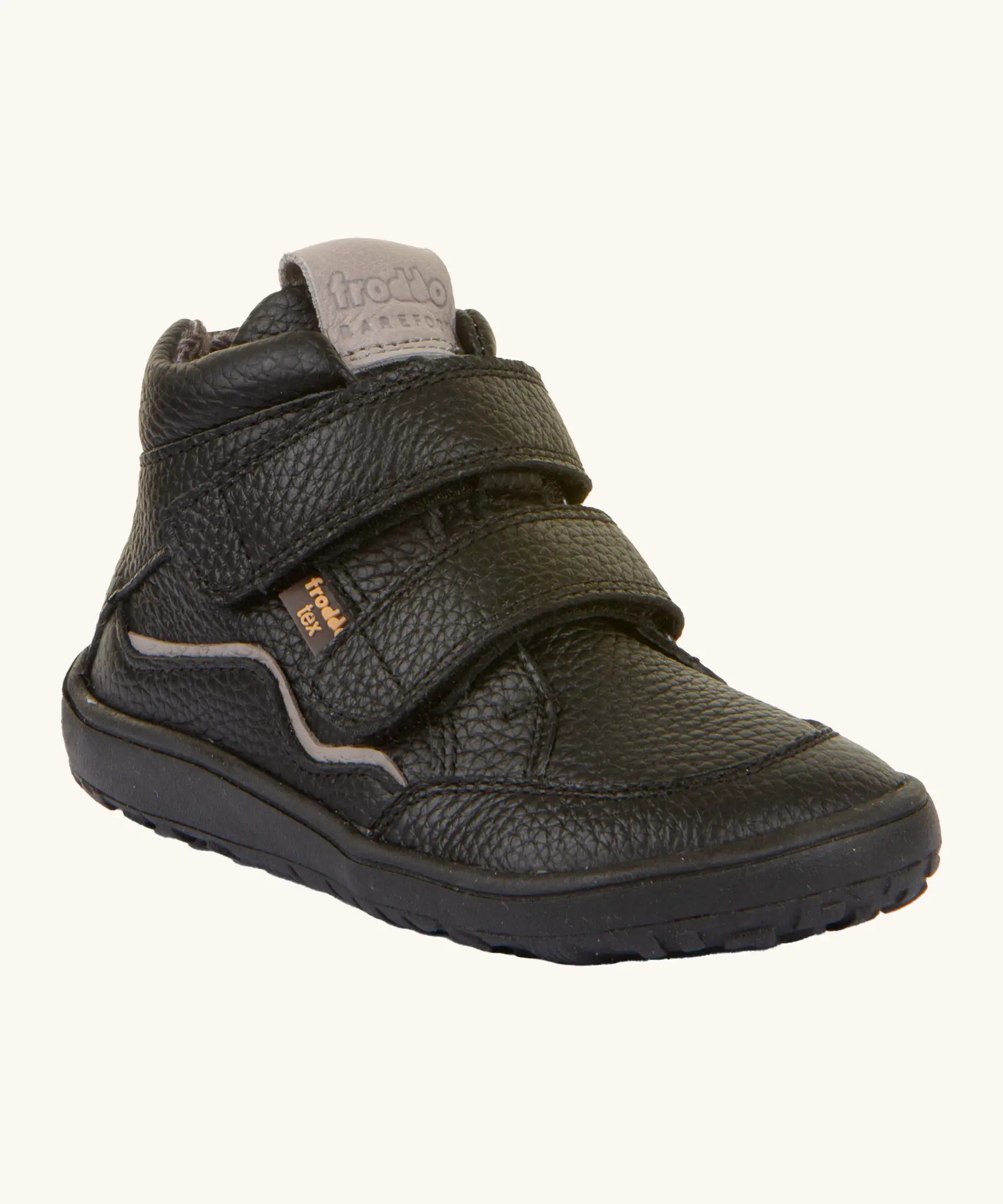 Froddo barefoot tex kids autumn natural leather ankle school boots in black with 2 Velcro straps, padded ankle and brown flexible rubber sole