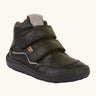 Froddo barefoot tex kids autumn natural leather ankle school boots in black with 2 Velcro straps, padded ankle and brown flexible rubber sole