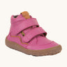 Froddo barefoot Autumn children's shoe in fuschia pink available at Babipur. A natural leather shoe with a 2 velcro fastener for a secure fit, padded ankle and a dark brown grippy sole