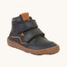 Froddo barefoot tex kids autumn shoes in navy available at Babipur. A soft ankle high shoe in navy with a light brown rubber sole. Features two velcro straps for a secure fit 
