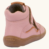 Back of Froddo barefoot tex kids autumn natural leather ankle boots in pink showing padded ankle and textile inner lining