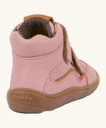 Back of Froddo barefoot tex kids autumn natural leather ankle boots in pink showing padded ankle and textile inner lining