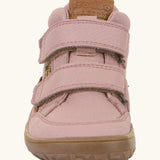 Front of Froddo barefoot tex kids autumn natural leather ankle boots in pink showing Velcro straps fully fastened 