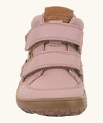 Front of Froddo barefoot tex kids autumn natural leather ankle boots in pink showing Velcro straps fully fastened 