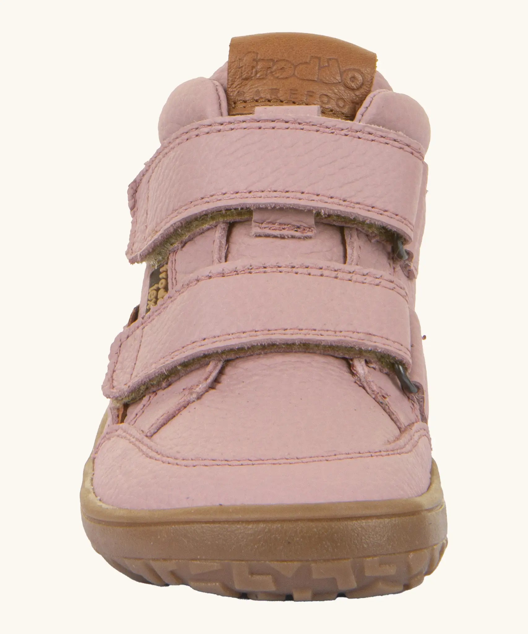 Front of Froddo barefoot tex kids autumn natural leather ankle boots in pink showing Velcro straps fully fastened 