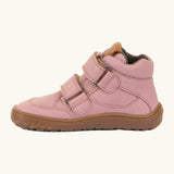 Side of Froddo barefoot tex kids autumn natural leather ankle boot in pink showing Velcro straps looped through the metal eyelets