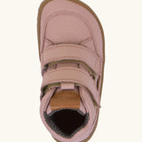 Top of Froddo barefoot tex kids autumn natural leather ankle boots in pink showing Velcro straps fully fastened 