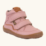 Froddo barefoot tex kids autumn natural leather ankle boots in pink with 2 Velcro straps, padded ankle and brown flexible rubber sole