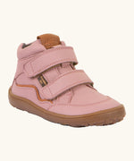 Froddo barefoot tex kids autumn natural leather ankle boots in pink with 2 Velcro straps, padded ankle and brown flexible rubber sole