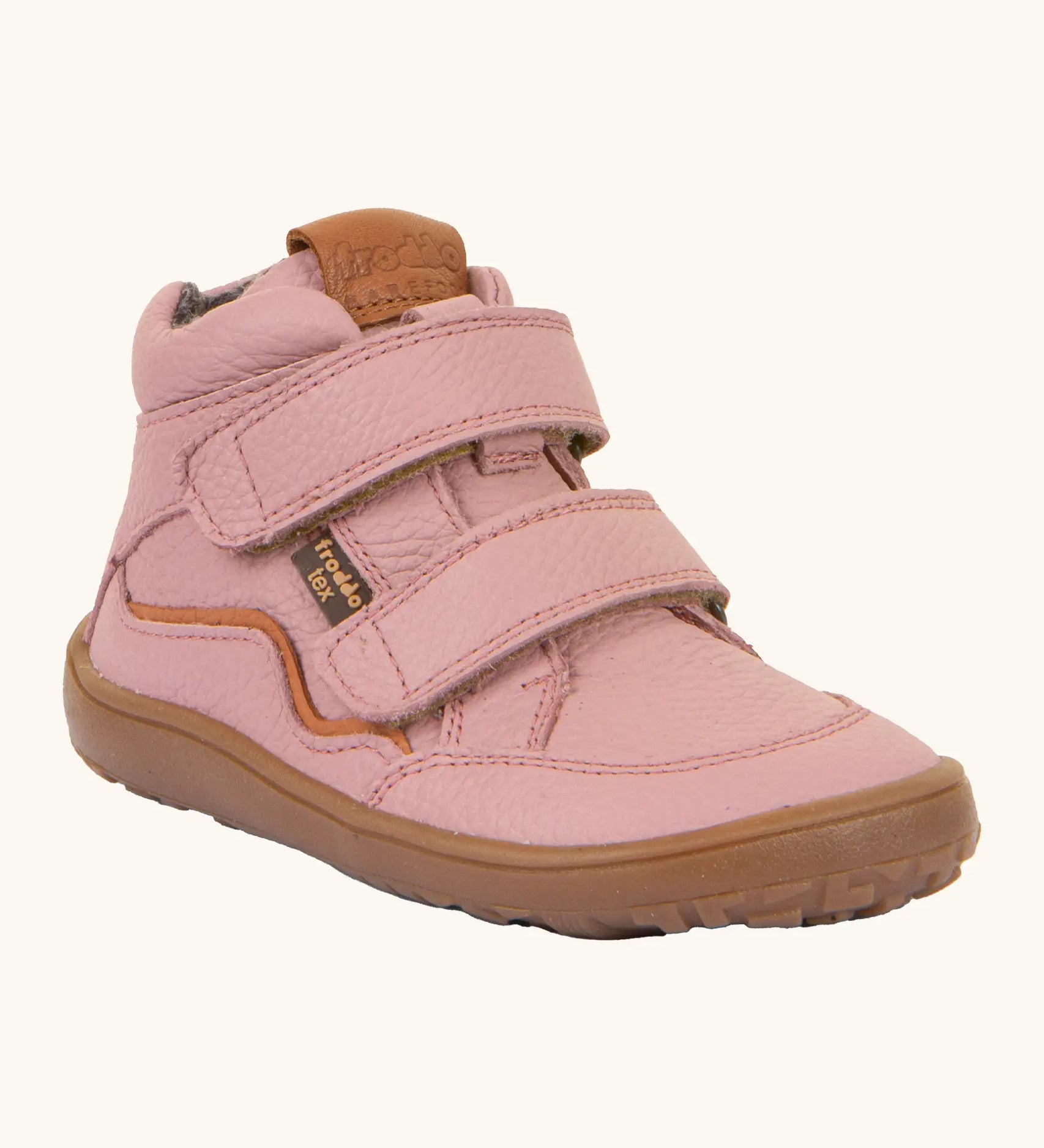 Froddo barefoot tex kids autumn natural leather ankle boots in pink with 2 Velcro straps, padded ankle and brown flexible rubber sole