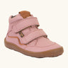 Froddo barefoot tex kids autumn natural leather ankle boots in pink with 2 Velcro straps, padded ankle and brown flexible rubber sole