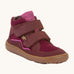 Froddo barefoot tex kids autumn shoes in bordeaux pink available at Babipur. A soft ankle high shoe in purple with a light brown rubber sole. Features two velcro straps for a secure fit 