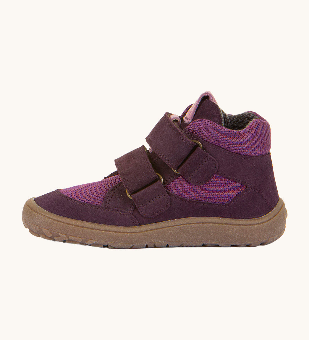 Froddo barefoot tex kids spring shoes in purple available at Babipur showing the side detail of the shoe with the velcro strap going through the loop