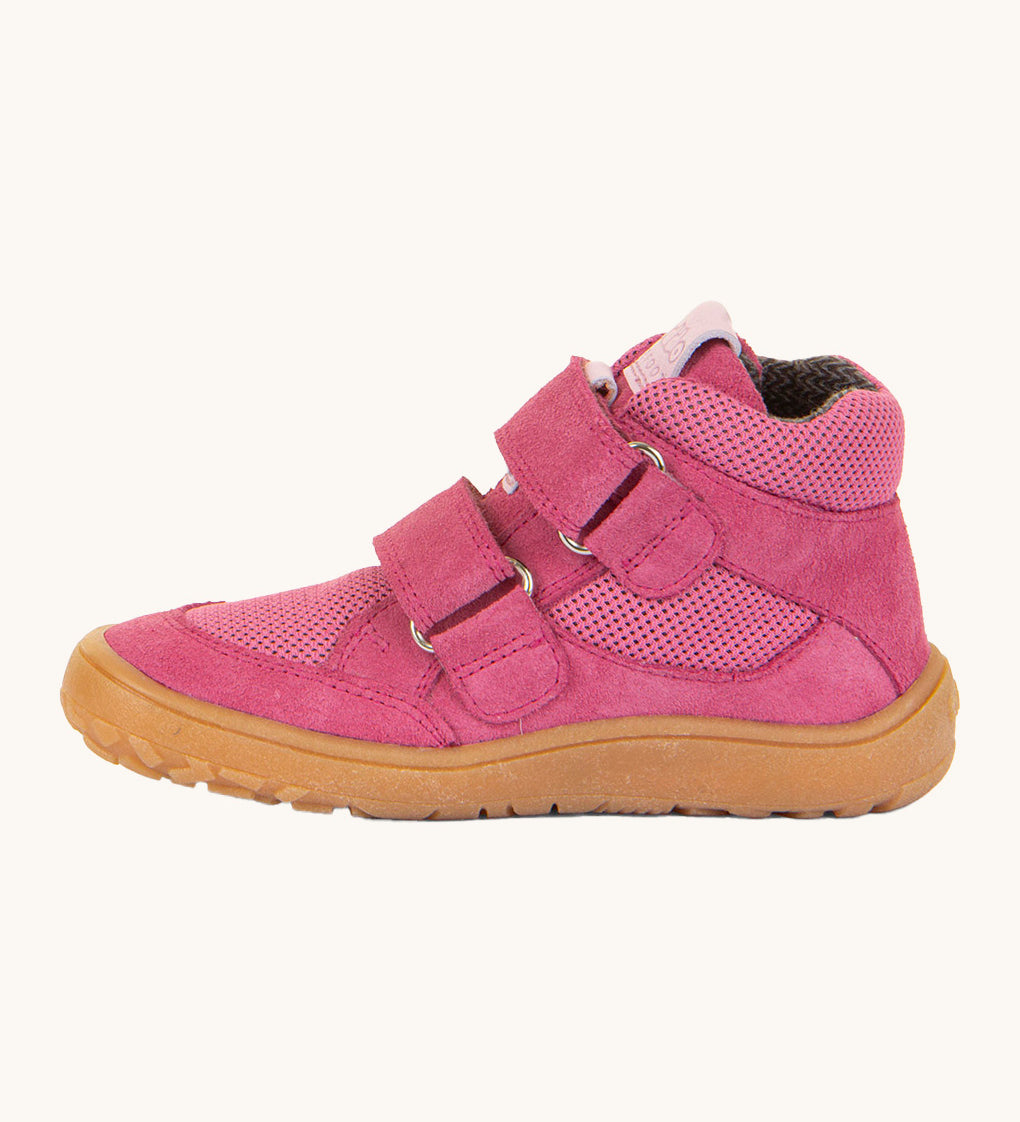 Froddo barefoot tex kids spring shoes in fuchsia available at Babipur showing the side detail of the shoe with the velcro strap going through the loop