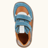 Top view of Froddo barefoot zuru Spring kids shoe in blue brown and grey showing the 2 velcro fasteners and pull tab on the tongue