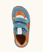 Top view of Froddo barefoot zuru Spring kids shoe in blue brown and grey showing the 2 velcro fasteners and pull tab on the tongue