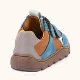 Back of Froddo barefoot zeru Spring kids shoes in blue brown. Showing padded grey ankle support and pull tab on tongue