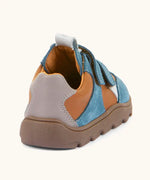 Back of Froddo barefoot zeru Spring kids shoes in blue brown. Showing padded grey ankle support and pull tab on tongue