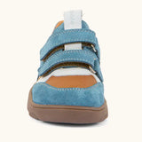Front of Froddo barefoot zuru Spring kids shoe in blue brown showing the velcro fasteners and white pull tab on the tongue