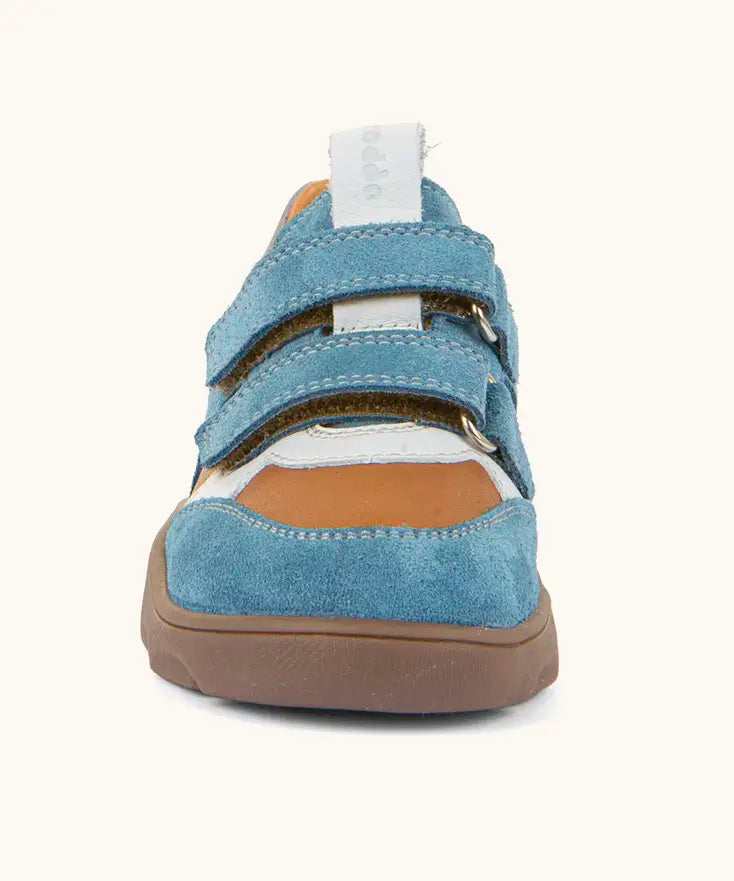 Front of Froddo barefoot zuru Spring kids shoe in blue brown showing the velcro fasteners and white pull tab on the tongue