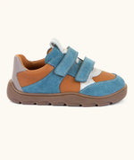 Side of Froddo barefoot zeru Spring kids shoes in blue, brown and grey. Showing 2 blue velcro fasteners, pull tab on tongue and brown grippy sole