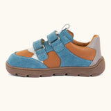 Side of Froddo barefoot zeru Spring kids shoes in blue, brown and white. Showing 2 blue velcro fasteners looped through eyelets
