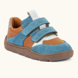 Froddo barefoot zeru Spring kids shoes in blue brown and white. Showing 2 blue velcro fasteners and brown grippy sole