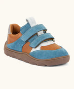 Froddo barefoot zeru Spring kids shoes in blue brown and white. Showing 2 blue velcro fasteners and brown grippy sole