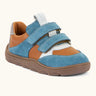 Froddo barefoot zeru Spring kids shoes in blue brown and white. Showing 2 blue velcro fasteners and brown grippy sole